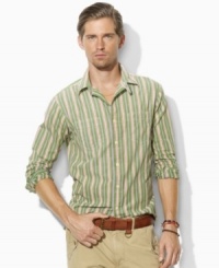 A bold multi-striped pattern lends authentic quality to a trim-fitting workshirt in silky dobby-woven cotton for a timelessly handsome look. A bold multi-striped pattern lends authentic quality to a trim-fitting workshirt in silky dobby-woven cotton for a timelessly handsome look.