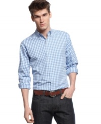 Roll up your sleeves, this breezy plaid shirt is a perfect way to dig deeper into a preppy style.