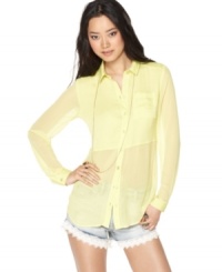 A solid panel adds a modern appeal to this sheer-chiffon Free People slouchy blouse -- a spring must-have! A solid panel adds a modern appeal to this sheer-chiffon Free People slouchy blouse -- a spring must-have!