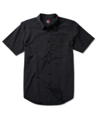 A short-sleeved shirt that goes from T-shirt substitute to full-on office attire: Quiksilver's Rail Bando with high-contrast stripes and activewear-inspired details like an exterior label and branded buttons. A short-sleeved shirt that goes from T-shirt substitute to full-on office attire: Quiksilver's Rail Bando with high-contrast stripes and activewear-inspired details like an exterior label and branded buttons.