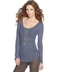 Free People's ribbed knit tee features a wide, deep scoop neckline for a sassy spring look! Free People's ribbed knit tee features a wide, deep scoop neckline for a sassy spring look!