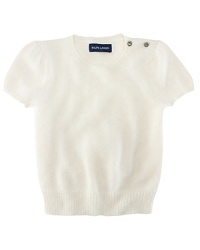 A whisper-soft angora sweater features cute cap sleeves and rhinestone buttons at the shoulder for vintage charm. A whisper-soft angora sweater features cute cap sleeves and rhinestone buttons at the shoulder for vintage charm.