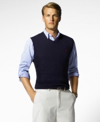 V-neck sweater vest, cut for a comfortable, classic fit. V-neck sweater vest, cut for a comfortable, classic fit.
