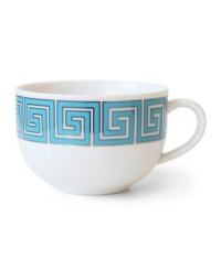 Dress up your table any day of the week with the dishwasher-safe and fabulously stylish Greek Key mug. Jonathan Adler gives the ancient pattern a bold, modern feel in teal blue, bright white and shimmering platinum.