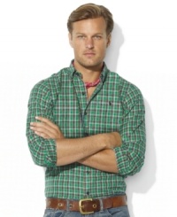 A handsome sport shirt is rendered in woven cotton with a preppy plaid pattern and relaxed fit for classic style. A handsome sport shirt is rendered in woven cotton with a preppy plaid pattern and relaxed fit for classic style.
