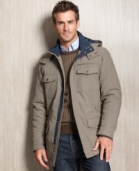 Don't let the chill chase you away. Be prepared to stay warm and keep all your essentials safe with this multi-pocketed medium-weight hooded jacket from Perry Ellis. Don't let the chill chase you away. Be prepared to stay warm and keep all your essentials safe with this multi-pocketed medium-weight hooded jacket from Perry Ellis.