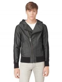 Cotton construction, a warm hood and an edgy moto design: this Calvin Klein Jeans hooded jacket combines comfort and coolness. Cotton construction, a warm hood and an edgy moto design: this Calvin Klein Jeans hooded jacket combines comfort and coolness.