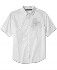 Break away from boring weekend wear with this crisp short-sleeved oxford from Sean John. Break away from boring weekend wear with this crisp short-sleeved oxford from Sean John.