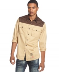 Get funky in this Rocawear button down featuring a cool two-tone design. Get funky in this Rocawear button down featuring a cool two-tone design.