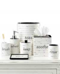 An adorable typeface presents repeating synonyms in sweet pastels upon this ceramic jar, offering a smart and simple update for any bathroom. (Clearance) An adorable typeface presents repeating synonyms in sweet pastels upon this ceramic jar, offering a smart and simple update for any bathroom. (Clearance)