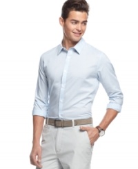 A classic pattern gets you outfitted for any event needing some extra polish, but the epaulets on this shirt from Calvin Klein give it an evening edge. A classic pattern gets you outfitted for any event needing some extra polish, but the epaulets on this shirt from Calvin Klein give it an evening edge.