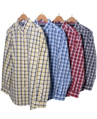 Brighten up your casual style with statement-making bold plaid on this checkered shirt from Club Room. Brighten up your casual style with statement-making bold plaid on this checkered shirt from Club Room.