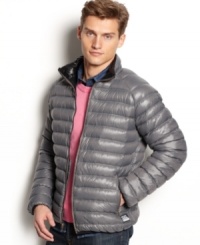 Big on warmth, small on bulk. This DKNY Jeans puffer has a sleek slim fit and a lightweight feel for warmer winter days. Big on warmth, small on bulk. This DKNY Jeans puffer has a sleek slim fit and a lightweight feel for warmer winter days.