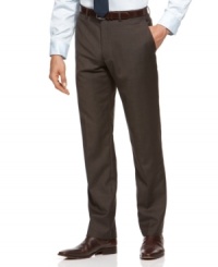Break out of the tan-gray-black routine and jump right into these brown weave dress pants from Alfani RED. Break out of the tan-gray-black routine and jump right into these brown weave dress pants from Alfani RED.