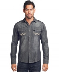 Denim daze? Give your wardrobe a wake-up call with this patchwork shirt from Affliction. Denim daze? Give your wardrobe a wake-up call with this patchwork shirt from Affliction.