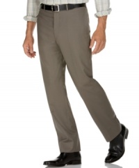 Offering a comfortable fit and a smooth, flat front construction, this wool dress pant makes a great choice for the modern sophisticate. Offering a comfortable fit and a smooth, flat front construction, this wool dress pant makes a great choice for the modern sophisticate.