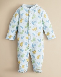 A delightful dino print footie from Kissy Kissy, crafted in the softest pima cotton for a completely cozy playtime style. A delightful dino print footie from Kissy Kissy, crafted in the softest pima cotton for a completely cozy playtime style.