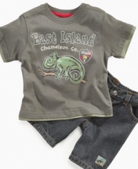 Switch it up. Reveal his laid-back, casual side in this fun graphic t-shirt and jean short set from Nannette. Switch it up. Reveal his laid-back, casual side in this fun graphic t-shirt and jean short set from Nannette.