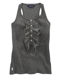 The comfortable Henley tank in soft ribbed-knit cotton is prettily finished with ruffle trim at the placket. The comfortable Henley tank in soft ribbed-knit cotton is prettily finished with ruffle trim at the placket.