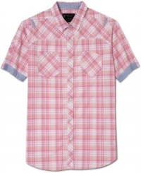 Pop this bright plaid shirt from Marc Ecko Cut & Sew into your wardrobe for a fresh take on casual cool. Pop this bright plaid shirt from Marc Ecko Cut & Sew into your wardrobe for a fresh take on casual cool.