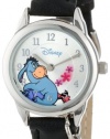 Disney Women's WTP053 Eeyore Black Leather Strap with Flower Charm Watch