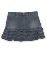 Dainty denim. Adorable ruffles accent no-nonsense denim, making this skirt from BCX the perfect complement to her cute looks. Dainty denim. Adorable ruffles accent no-nonsense denim, making this skirt from BCX the perfect complement to her cute looks.