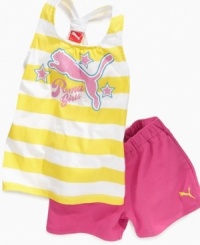 Watch her sparkle. She'll be a sporty star in this glittery tank and short set from Puma. Watch her sparkle. She'll be a sporty star in this glittery tank and short set from Puma.