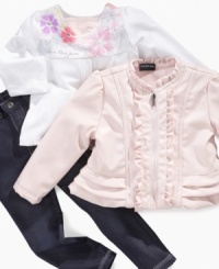 Have her looking chic from the start with this fun ruffly faux leather jacket, shirt and pants set by Calvin Klein. Have her looking chic from the start with this fun ruffly faux leather jacket, shirt and pants set by Calvin Klein.