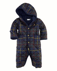 Baby keeps warm from head to toe in a cozy hooded bunting, rendered in sleek diamond-quilted microfiber and lined in soft-to-the-touch winter fleece. Baby keeps warm from head to toe in a cozy hooded bunting, rendered in sleek diamond-quilted microfiber and lined in soft-to-the-touch winter fleece.