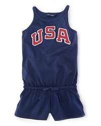 A red, white and blue design with U.S.A. patching gives a preppy, all-American look to a pretty warm-weather romper in celebration of Team USA's participation in the 2012 Olympics. A red, white and blue design with U.S.A. patching gives a preppy, all-American look to a pretty warm-weather romper in celebration of Team USA's participation in the 2012 Olympics.