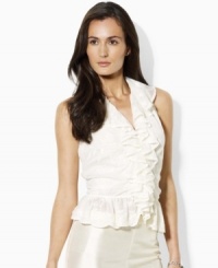 Delicate ruffles and embroidered tulle lend an air of vintage romance to this Lauren by Ralph Lauren sleeveless top. Delicate ruffles and embroidered tulle lend an air of vintage romance to this Lauren by Ralph Lauren sleeveless top.