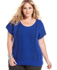 Let your style shine this season with DKNY Jeans' plus size sweater, featuring an open knit and metallic finish.. Let your style shine this season with DKNY Jeans' plus size sweater, featuring an open knit and metallic finish..