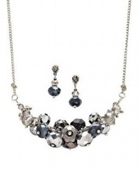 Jewelry Set Silver Plated, Jet Black Glass Bead Cluster Necklace and Drop Earrings Set