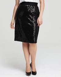 Glam up your every day in this shimmering Karen Kane pencil skirt. Pair with a breezy blouse for the office or a sumptuous tee for downtown date night. Glam up your every day in this shimmering Karen Kane pencil skirt. Pair with a breezy blouse for the office or a sumptuous tee for downtown date night.