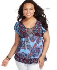 Flaunt your fluency in chic, global style with this plus size top from One World! An exotic print and empire waist design creates a comfy-chic union on a piece suited for balmy days! Flaunt your fluency in chic, global style with this plus size top from One World! An exotic print and empire waist design creates a comfy-chic union on a piece suited for balmy days!