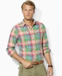 A bold, heritage plaid lends rugged quality to a trim-fitting military shirt in lightweight cotton twill. A bold, heritage plaid lends rugged quality to a trim-fitting military shirt in lightweight cotton twill.