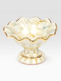 This one-of-a-kind centerpiece, crafted in lustrous, hand-painted terra cotta with color-dragged checks and golden trim, creates an understated and elegant presentation for your meal.Ceramic with golden lustre5.75 diam.4 tallHand washMade in the USA This one-of-a-kind centerpiece, crafted in lustrous, hand-painted terra cotta with color-dragged checks and golden trim, creates an understated and elegant presentation for your meal.Ceramic with golden lustre5.75 diam.4 tallHand washMade in the USA