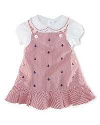 A timeless nautical-inspired set includes a seersucker jumper with allover anchor embroidery and an essential cotton jersey bodysuit with a classic ruffle-trimmed Peter Pan collar. A timeless nautical-inspired set includes a seersucker jumper with allover anchor embroidery and an essential cotton jersey bodysuit with a classic ruffle-trimmed Peter Pan collar.