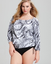 Put your personal style on display with this marble print blouson coverup from MICHAEL Michael Kors Plus. Paired with a swim skirt or hipster bottom it's an outfit in its own right. Put your personal style on display with this marble print blouson coverup from MICHAEL Michael Kors Plus. Paired with a swim skirt or hipster bottom it's an outfit in its own right.