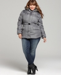 Featuring a removable hood with faux fur trim, Dollhouse's plus size puffer jacket is a must-have for frigid temps.