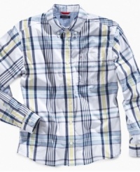 Keep his look in line. He'll clean up fantastically with this crisp plaid shirt from Tommy Hilfiger. Keep his look in line. He'll clean up fantastically with this crisp plaid shirt from Tommy Hilfiger.
