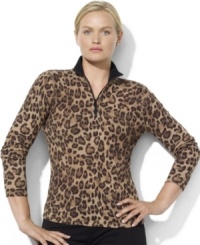 A bold leopard pattern adds a bit of edge to a soft waffle-knit plus size cotton top.