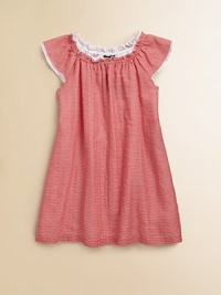 Distinctive logos accent this simply stylish frock.Ruffled crewneckShort sleevesPull-on styleA-line57% silk/43% cottonMachine washImported Distinctive logos accent this simply stylish frock.Ruffled crewneckShort sleevesPull-on styleA-line57% silk/43% cottonMachine washImported