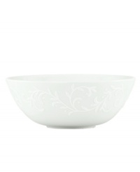 An elegant white-on-white pattern, embossed vine motif and interior glaze adorn this medium serving bowl from Lenox dinnerware. The dishes from the Opal Innocence Carved collection get your table set for refined dining every day. An elegant white-on-white pattern, embossed vine motif and interior glaze adorn this medium serving bowl from Lenox dinnerware. The dishes from the Opal Innocence Carved collection get your table set for refined dining every day.