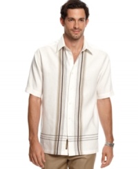 Score a laid-back feel in put-together style with this embroidered linen shirt from Cubavera. Score a laid-back feel in put-together style with this embroidered linen shirt from Cubavera.