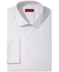 Shine up your office attire with this metallic-striped, fitted shirt from Alfani RED. Shine up your office attire with this metallic-striped, fitted shirt from Alfani RED.