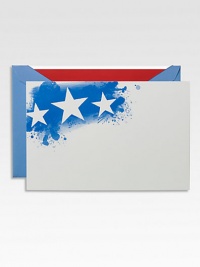 Patriotism gets playful with this set of 8 flat cards of star-spangled proportions.Set of 8 cards and envelopesApprox. 4¼ X 6 Made in USA Patriotism gets playful with this set of 8 flat cards of star-spangled proportions.Set of 8 cards and envelopesApprox. 4¼ X 6 Made in USA