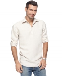 Dressed up or down, this embroidered shirt from Cubavera exudes handsome polish in a light and airy fabric. Dressed up or down, this embroidered shirt from Cubavera exudes handsome polish in a light and airy fabric.