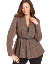 Lend sophistication to your work wardrobe with Calvin Klein's printed plus size jacket, accentuated by a belted waist. Lend sophistication to your work wardrobe with Calvin Klein's printed plus size jacket, accentuated by a belted waist.