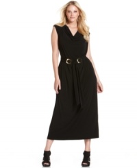 A belted waist lends a lean silhouette to Calvin Klein's cap sleeve plus size maxi dress-- dazzle from desk to dinner! A belted waist lends a lean silhouette to Calvin Klein's cap sleeve plus size maxi dress-- dazzle from desk to dinner!
